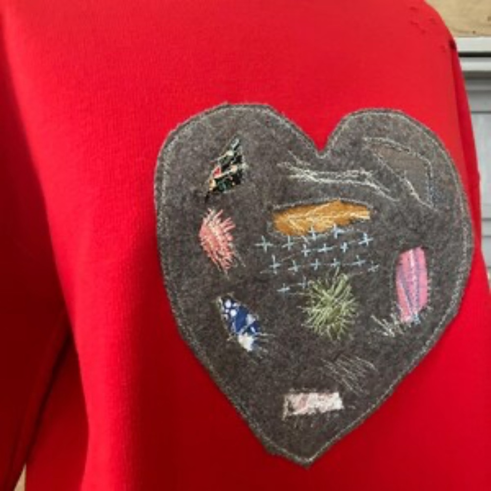 One-of-a-Kind Reworked Red Sweatshirt • Wool Mended Heart - Picture 2 of 4